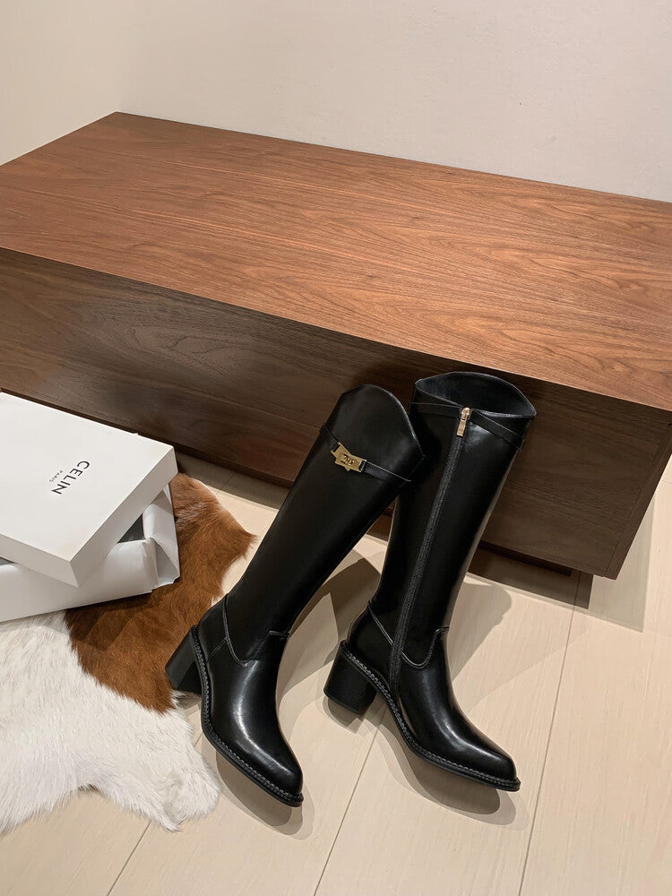 Karin Luna Hot-Selling Fasteners Sold as soon as listed Comes with data plan included Pointed Toe Chunky Heel Classic Full Cowhide Leather Riding Boots