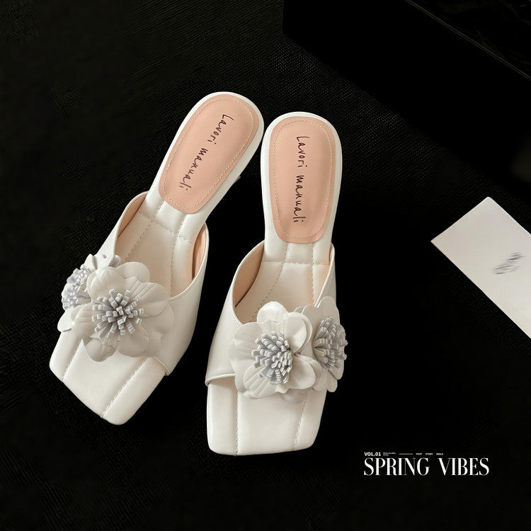 Karin Luna In Stock Spot Goods Camellia Classic style retro square toe shaped heel slippers