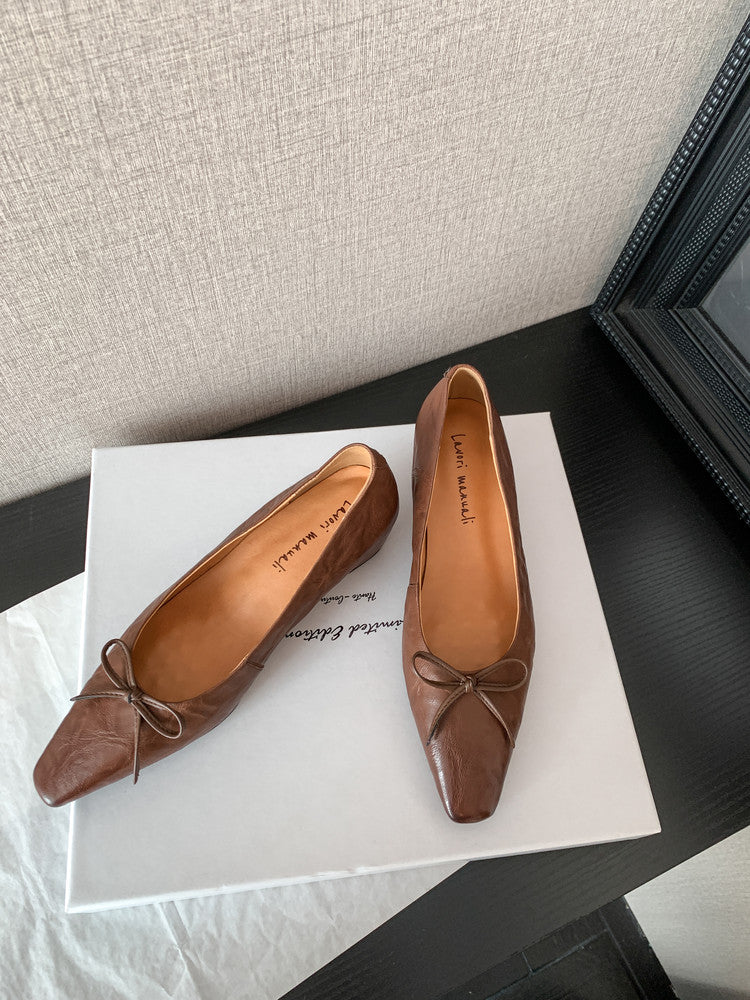 Karin Luna Full Layer Inside and Out~Basic Versatile Small Square Toe Butterfly Knot Irregular Heel Single Shoes