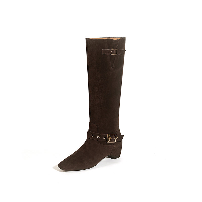 Karin Luna Data Model Belt Buckle Matte Square Toe Hidden Wedge Slouch Western Boots