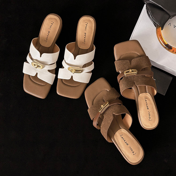 Karin Luna Comfortable Gold Buckle Square Toe Chunky Heel Casual Style Slippers