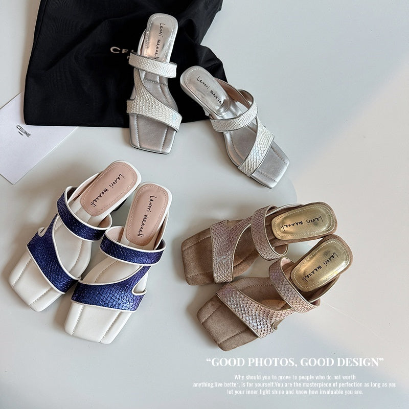 Karin Luna Fish Skin Series~Minimalist Square Toe Popular Irregular Heel Slippers