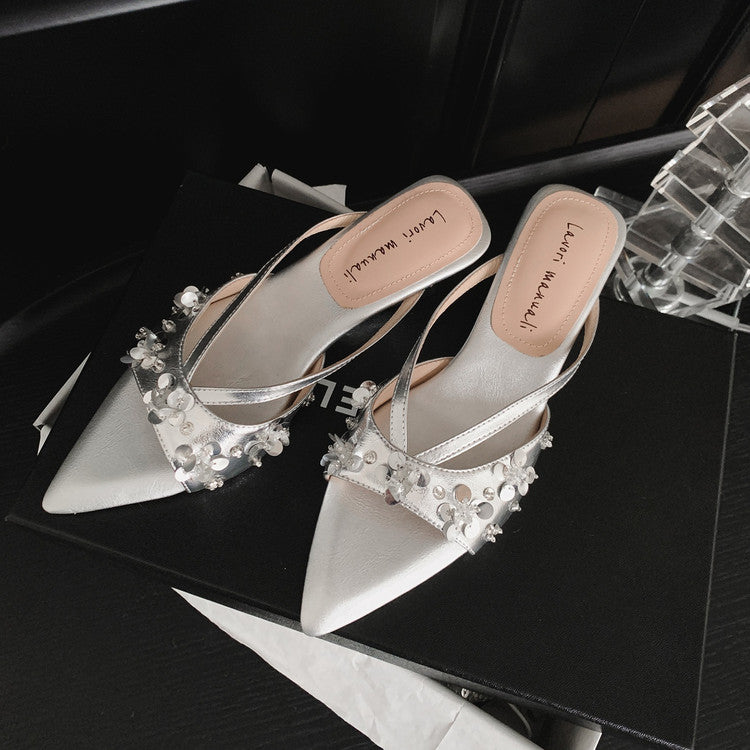 Karin Luna Bestseller Sequin Elements Elegant Pointed Toe Irregular Heel Slippers