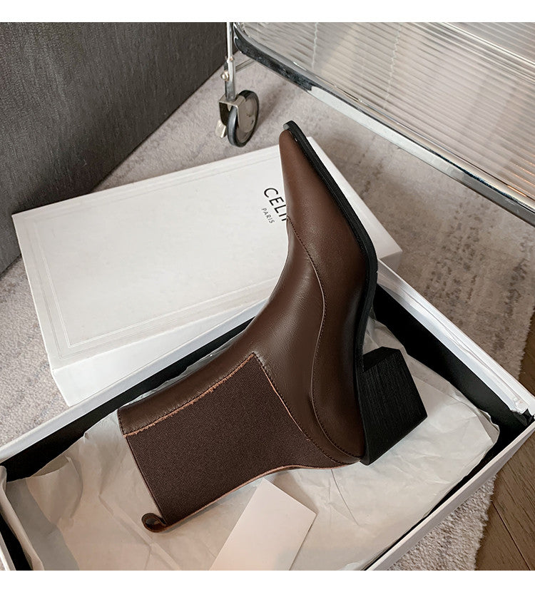 Karin Luna In Stock Spot Goods   Elegant Pointed Toe Chunky Heel Ankle Boots