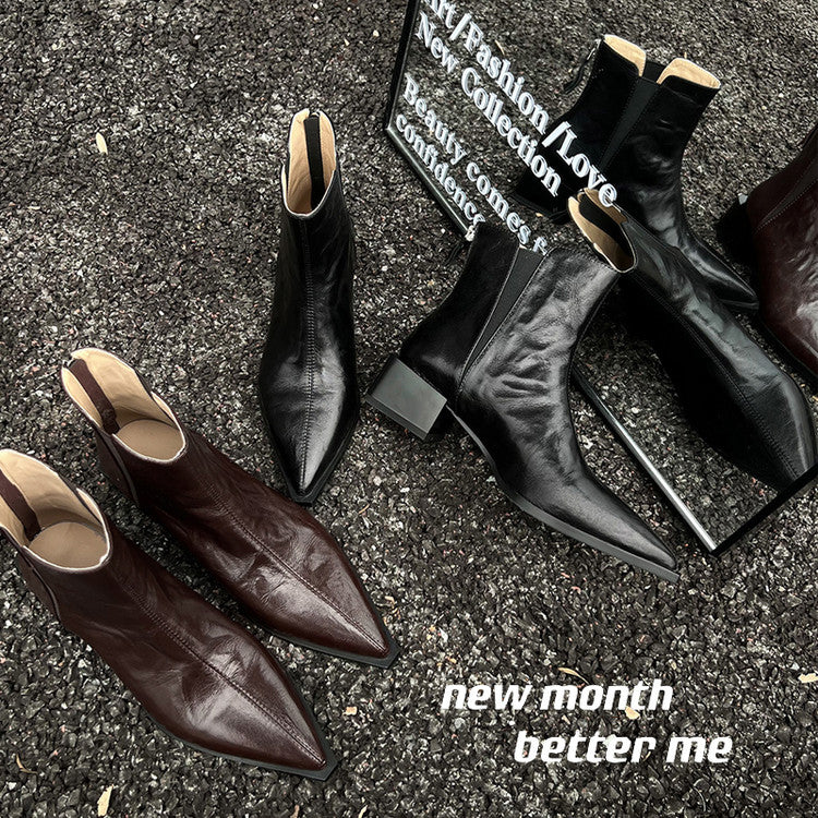 Karin Luna In Stock Spot Goods Elegant Stretch Fabric Patchwork Pointed Toe Chunky Heel Short Boots