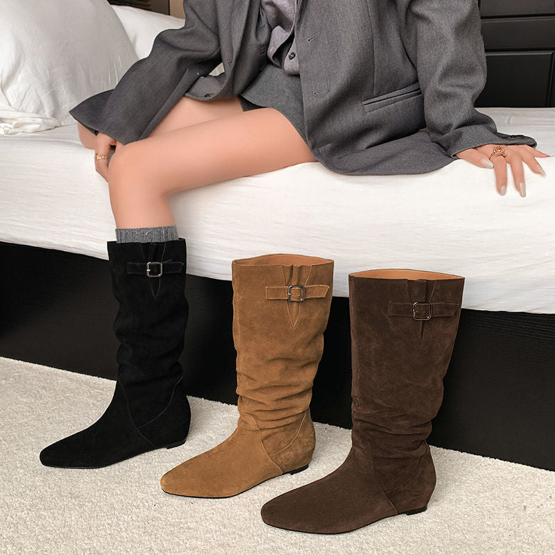 Karin Luna In Stock Spot Goods Vintage Cowhide Leather Chunky Heel Height Increasing Long Boots