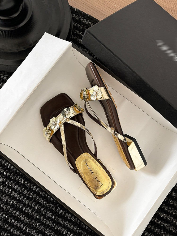 Karin Luna In Stock Spot Goods  One-Strap Sequin Floral Square-Toe Flat Slippers