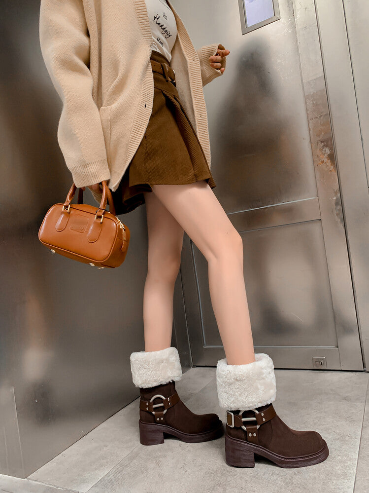 Karin Luna Genuine Lamb Wool and Cowhide Leather Hot-selling Metal Buckle Round Toe Chunky Heel Main Push Main Push