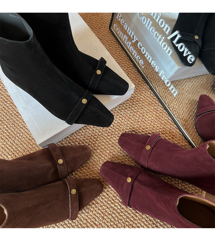 Karin Luna Elegant Style Small Square Toe Belt Buckle Thin Heel Short Boots