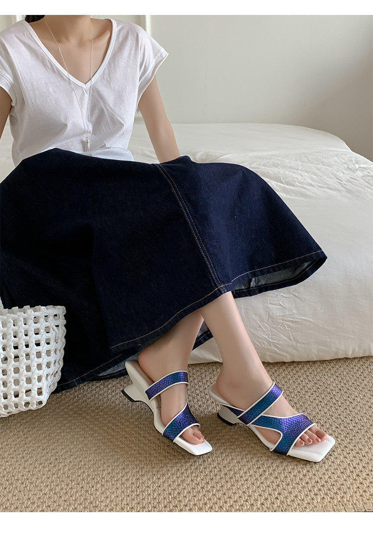 Karin Luna Fish Skin Series~Minimalist Square Toe Popular Irregular Heel Slippers