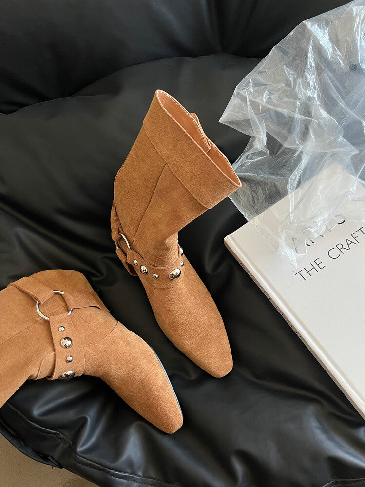 Karin Luna has prepared stock  Hot-Selling Retro Pointed Toe Wedge Metal Buckle High Tube Western Boots