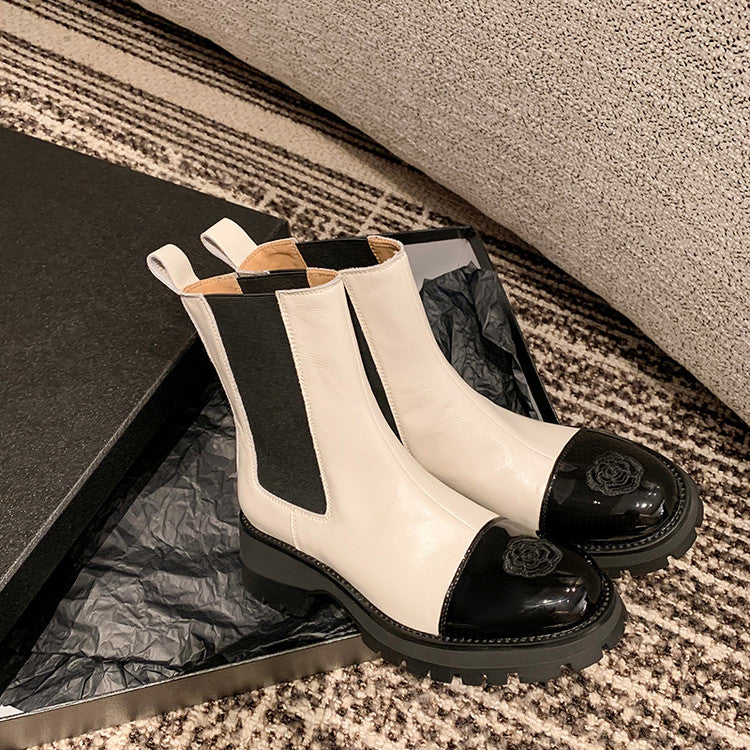 Karin Luna In Stock Spot Goods  Classic Embroidered Camellia Round Toe Thick Sole Chelsea Boots