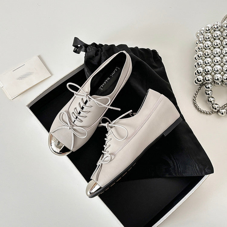 Karin Luna In Stock Spot Goods  Casual Lace-Up Metal Toe Bow Deep Mouth Single Shoes