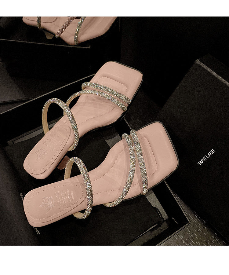 Karin Luna In Stock Spot Goods  Minimalist Versatile Square Toe Rhinestone Strap Open-Toe Sandals
