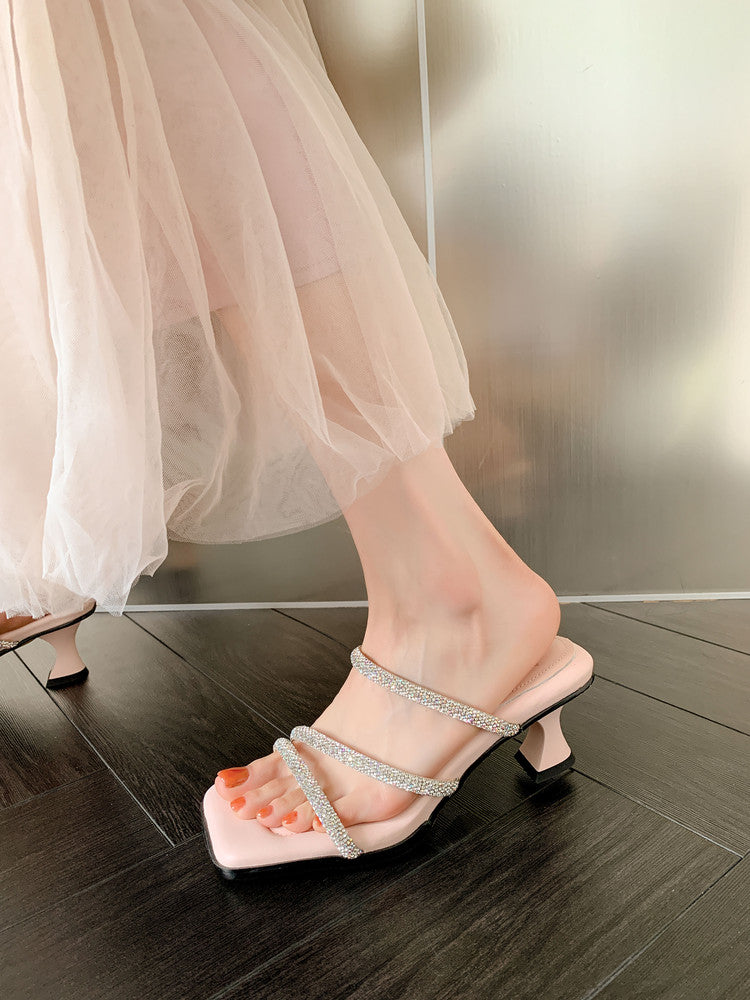 Karin Luna In Stock Spot Goods  Minimalist Versatile Square Toe Rhinestone Strap Open-Toe Sandals