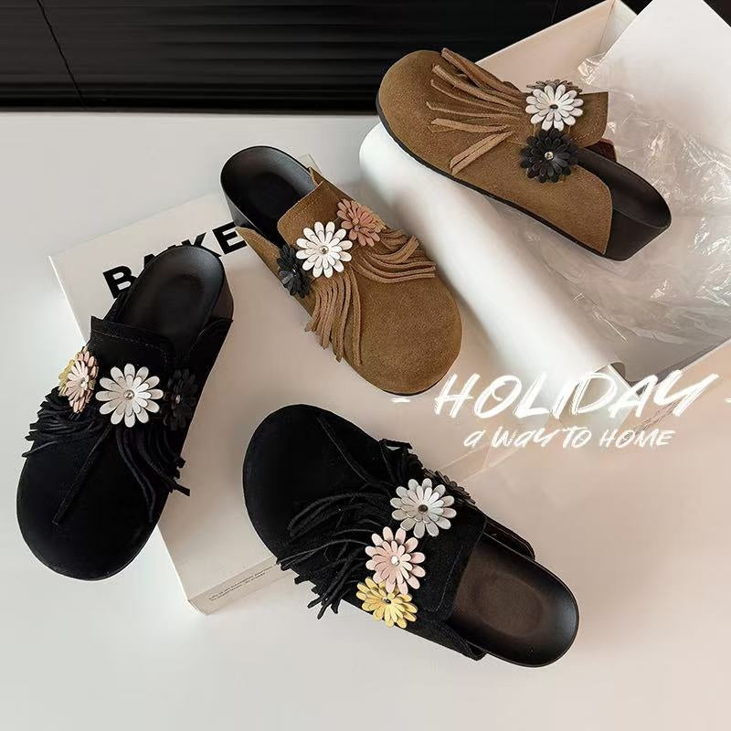 Karin Luna   Tassel Three-Dimensional Flower Thick-Soled Closed-Toe Slippers