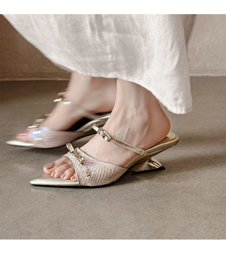 Karin Luna Fish Skin Series~Pointed Toe Irregular Heel Bowknot Strap Slippers