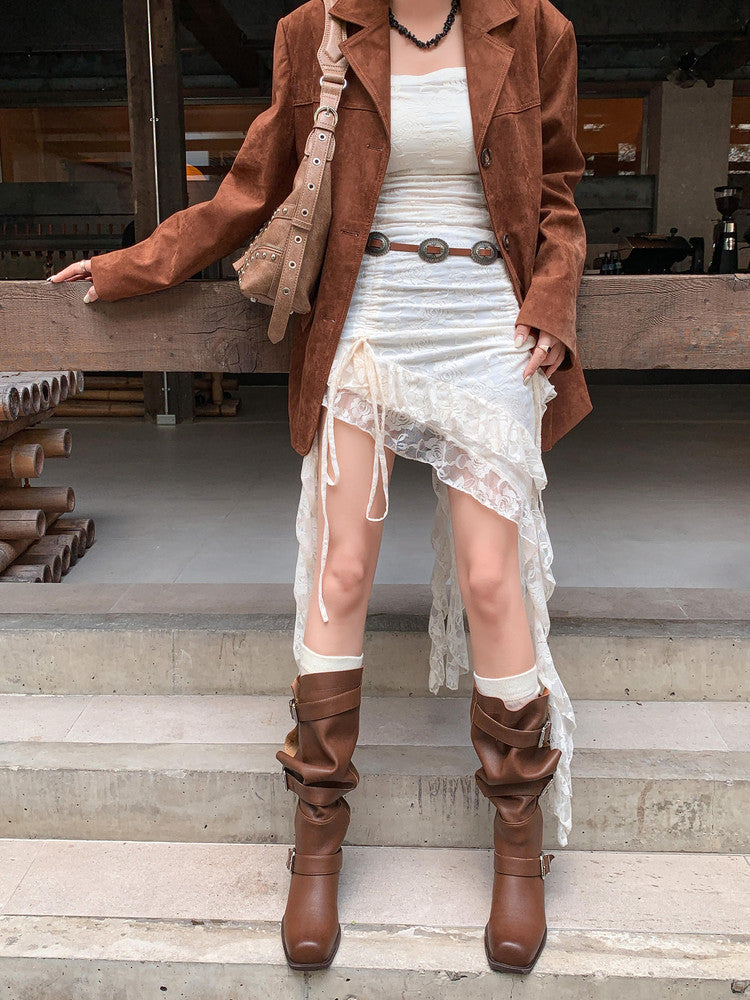 Karin Luna In Stock In Stock European and American Style Square Toe Thick Sole Belt Buckle Long Boots