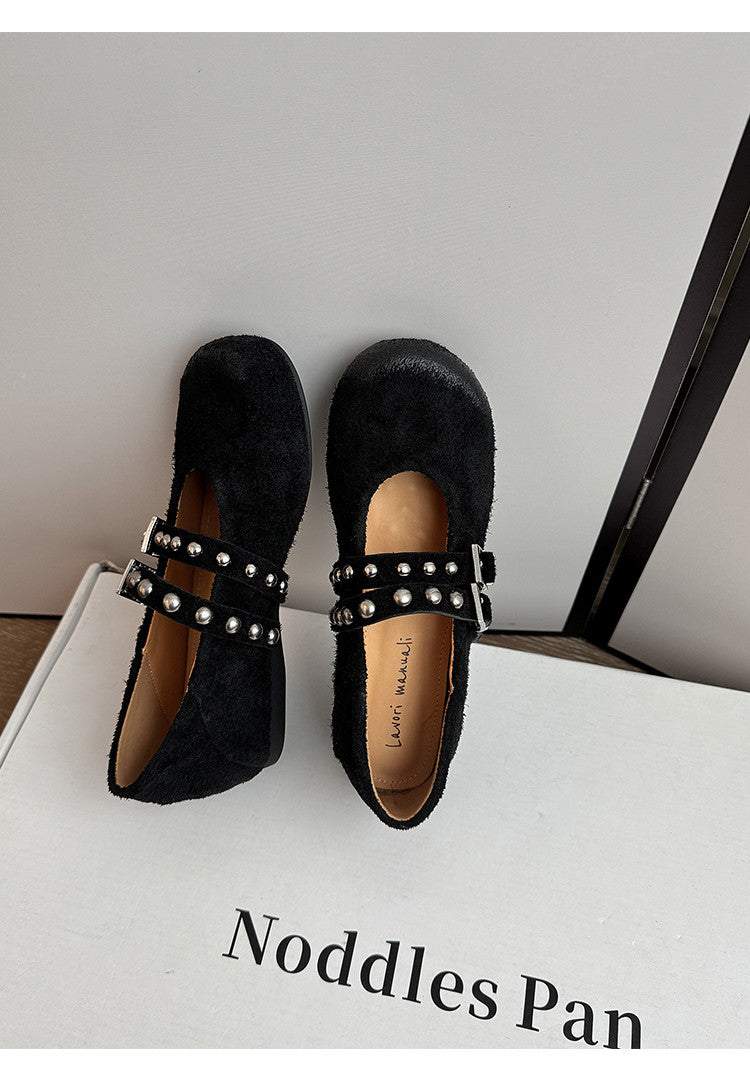 Karin Luna Hot Item Hot Item Punk Style One-Strap Round-Toe Suede Leather Height-Increasing Flats