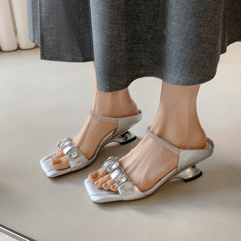 Karin Luna Bestseller Popular Rhinestone Ribbon Square Toe Slippers