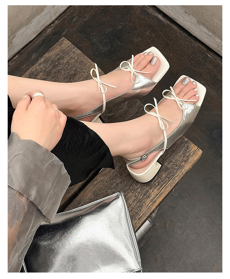 Karin Luna In Stock Spot Goods Square Toe Double Bow Thick Heel Sandals