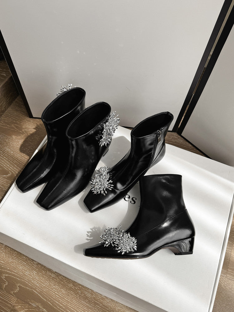 Karin Luna Elegant Style Square Toe Flower Design Height Increasing Short Boots with Two Front and Back Options