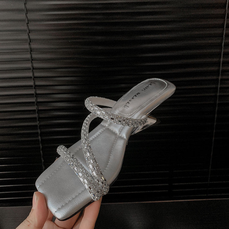 Karin Luna In Stock Spot Goods  Rhinestone One-Strap Irregular Heel Square-Toe Slippers