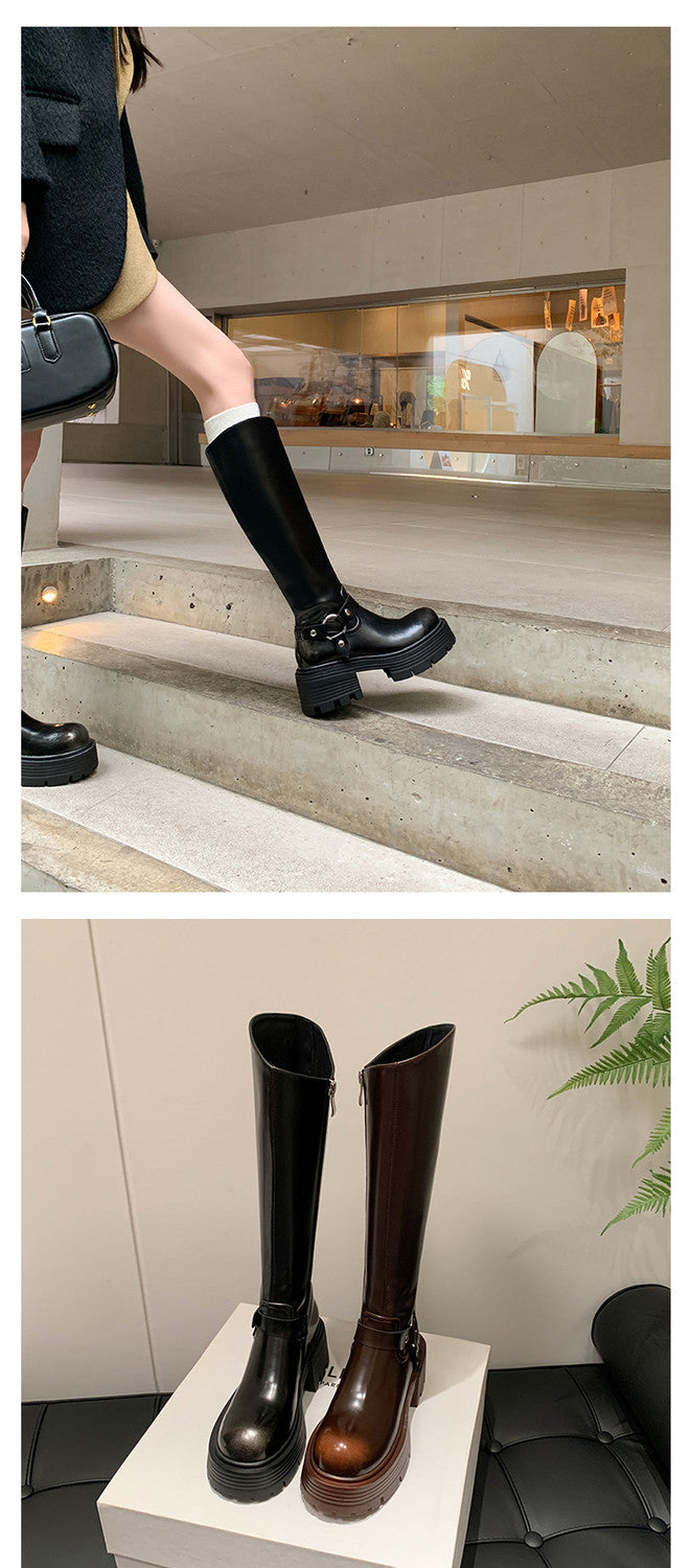 Karin Luna In Stock Spot Goods Round Toe Thick Sole Belt Buckle Straight Long Boots