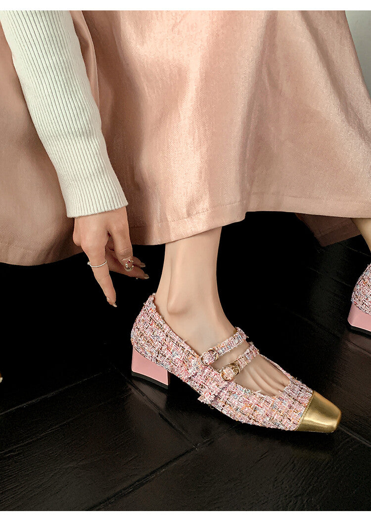 Karin Luna Classic Chanel Style~ Tweed Spring Limit Square Toe Chunky Heel Mary Jane Strap Single Shoes