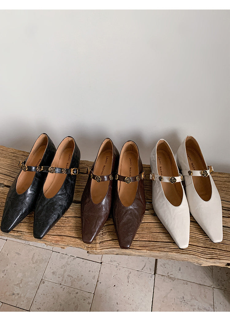 Karin Luna In Stock Spot Goods    Retro Classic Metal Camellia Irregular Heel Single Shoes