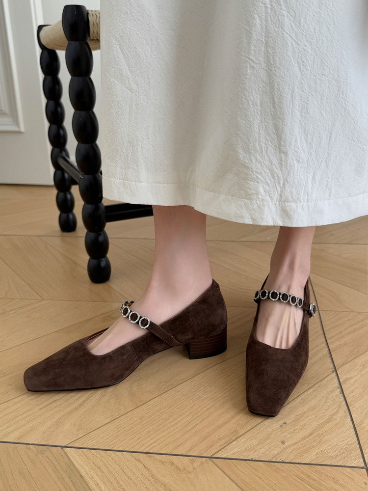 Karin Luna In Stock Spot Goods  Vintage Full Leather Square Toe Rhinestone Strap Shallow Mouth Single Shoes