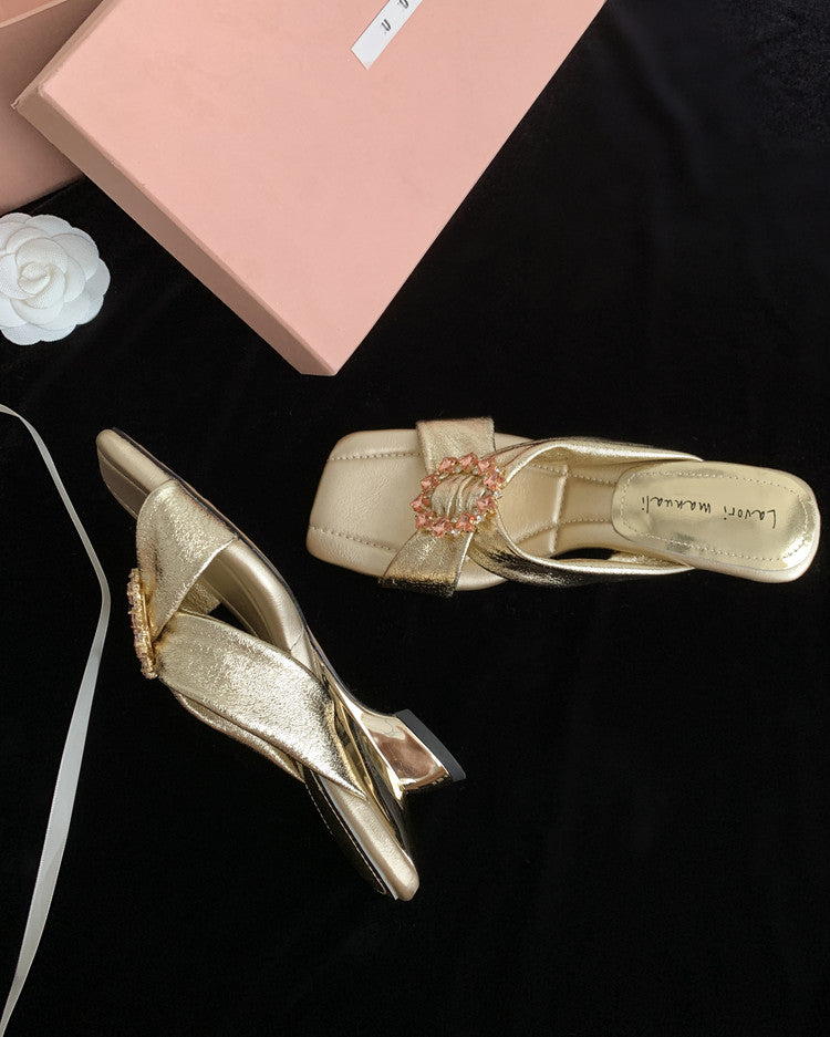Karin Luna In Stock In Stock Elegant Square-Toe Cross-Strap Rhinestone Square-Toe Slippers