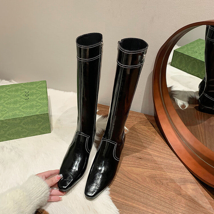 Karin Luna In Stock Spot Goods  Vintage Open Stitch Small Square Toe High Heel Side Zipper Riding Boots