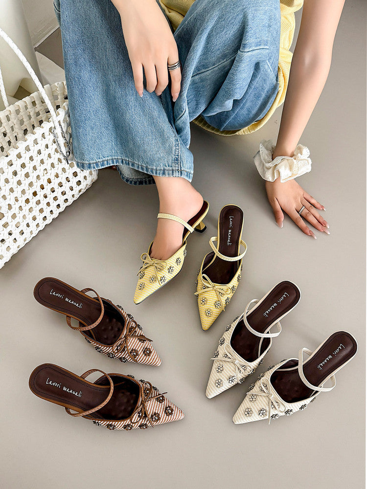 Karin Luna In Stock Spot Goods  Elegant Floral Pointed Toe Rhinestone Slippers
