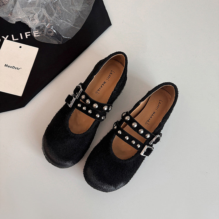 Karin Luna Hot Item Hot Item Punk Style One-Strap Round-Toe Suede Leather Height-Increasing Flats