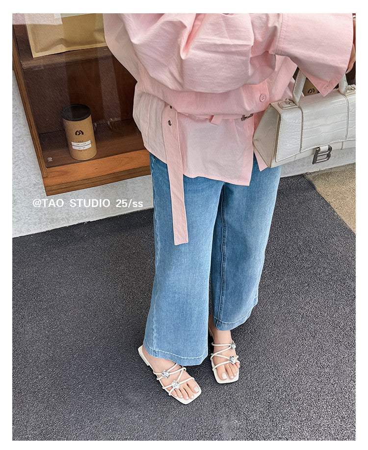 Karin Luna In Stock    Spot Goods    Square Toe One-Strap Sequin Flower Flat Slippers
