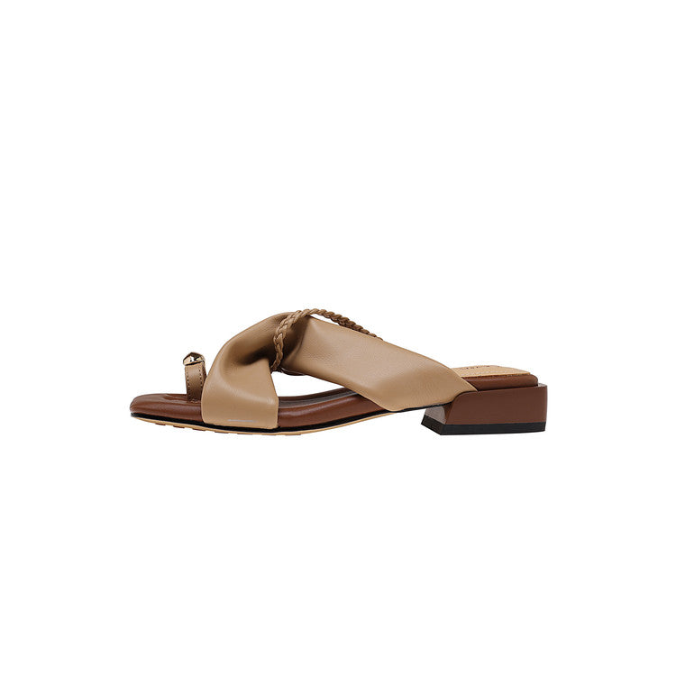 Karin Luna  Square Toe Braided Cross Thick Heel Flat Slippers