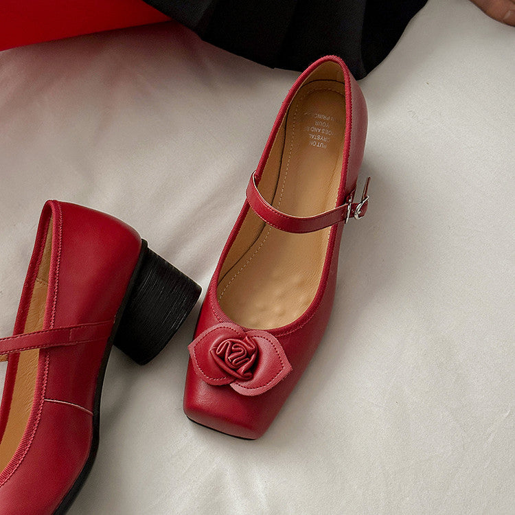 Karin Luna In Stock Spot Goods  Vintage Three-Dimensional Camellia Square-Toed Mary Jane Shoes