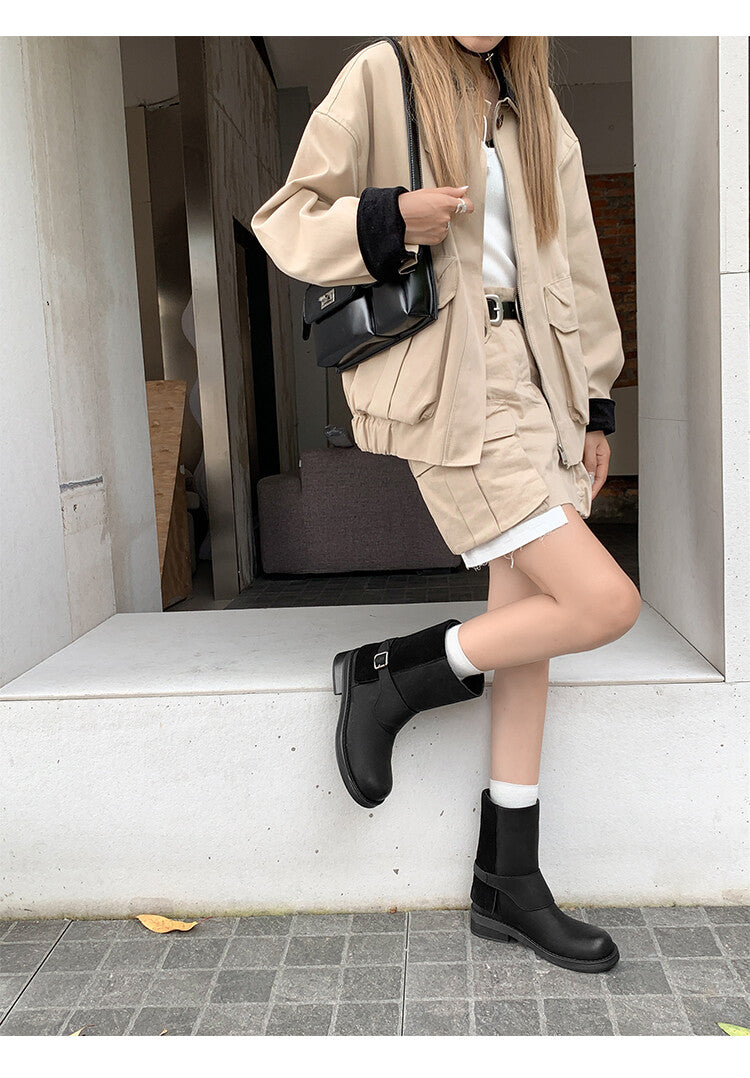 Karin Luna Belt Buckle Chunky Heel Fashion Short Boots