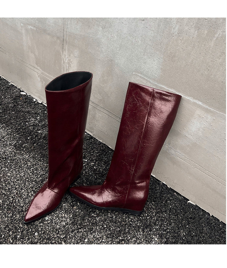 Karin Luna Elegant Style Pointed Toe Internal Height Increase Slip-On Long Boots