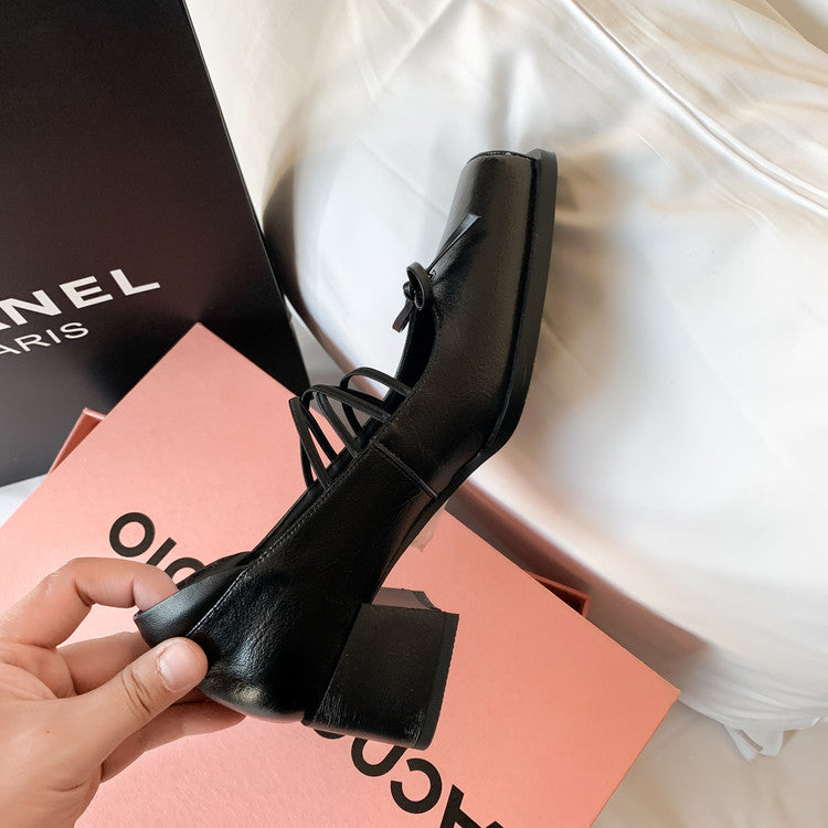 Karin Luna In Stock Spot Goods  Popular Self-flowing Bowknot Square Toe Chunky Heel Single Shoes