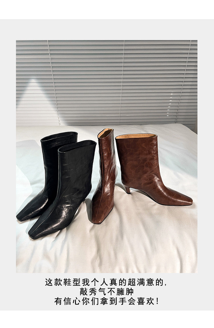 Karin Luna In Stock Spot Goods Top Layer Stone Pattern Cowhide Textured Small Square Toe Straight Short Boots
