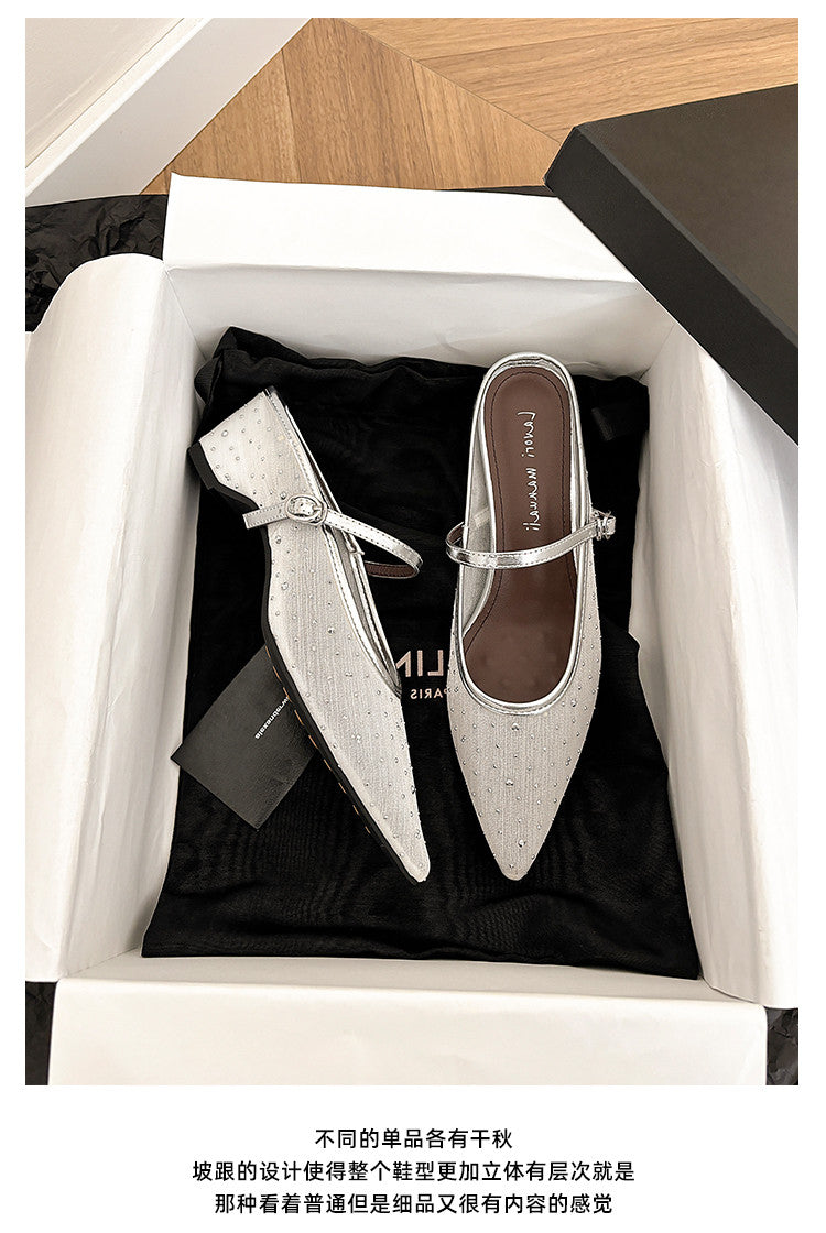 Karin Luna In Stock Spot Goods  Breathable Mesh Fabric Embellished Hand Drill Pointed Toe Slippers