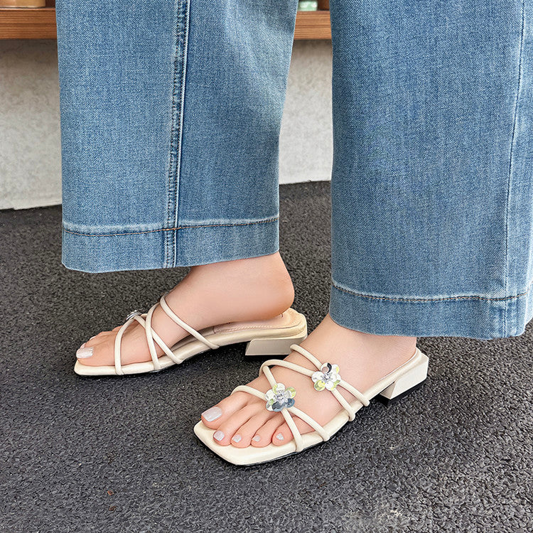 Karin Luna In Stock    Spot Goods    Square Toe One-Strap Sequin Flower Flat Slippers