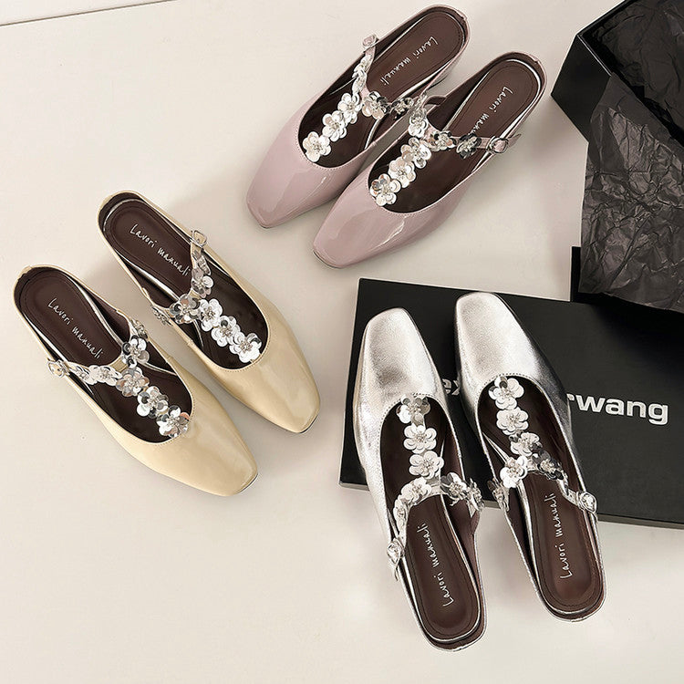 Karin Luna In Stock Spot Goods  T Handmade Sequin Flower Square Toe Height-Increasing Closed-Toe Slippers