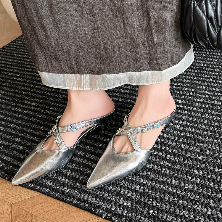 Karin Luna Elegant Pointed Toe Rhinestone Flower High Heel Mules