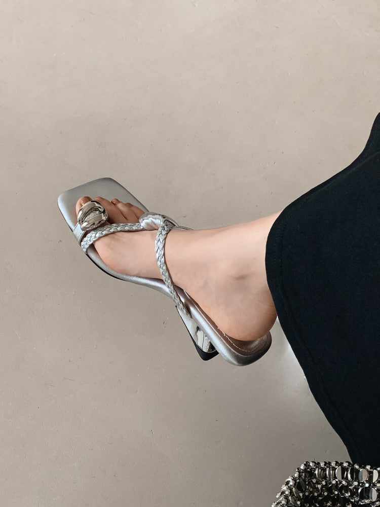 Karin Luna Braided Style ~Cross Strap Square Toe Irregular Heel Slippers