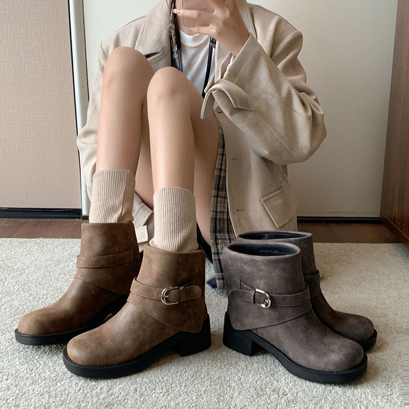 Karin Luna In Stock Spot Goods Versatile Basic Round Toe Belt Buckle Thick Sole Tube Boots