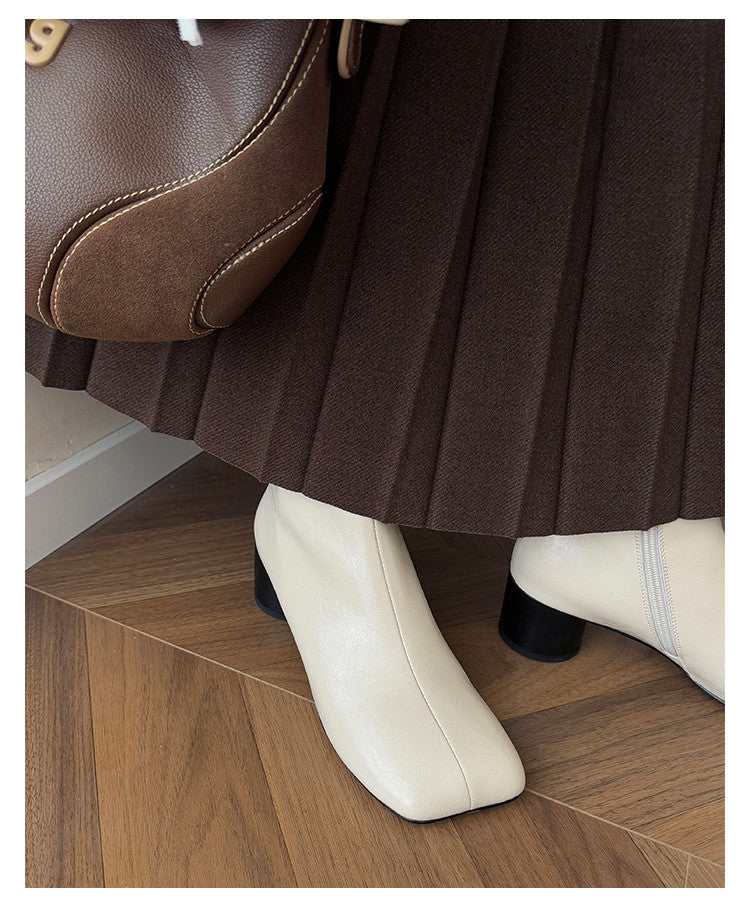 Karin Luna French Style Square Toe Chunky Heel Ankle Boots