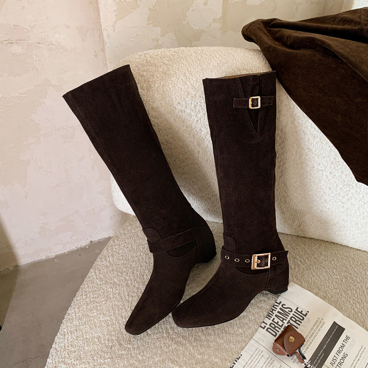 Karin Luna Data Model Belt Buckle Matte Square Toe Hidden Wedge Slouch Western Boots